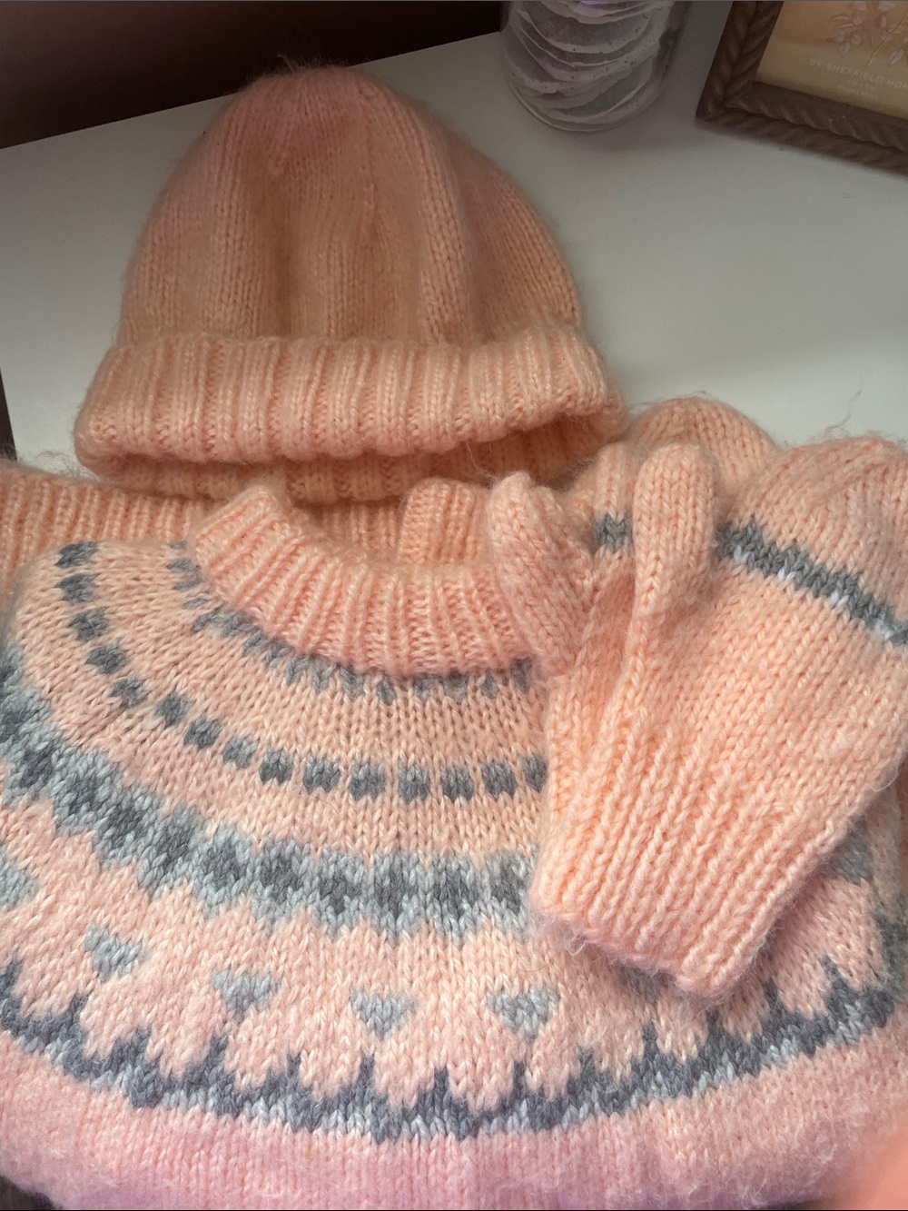 Handknit Sweater, Hat and Mittens Set